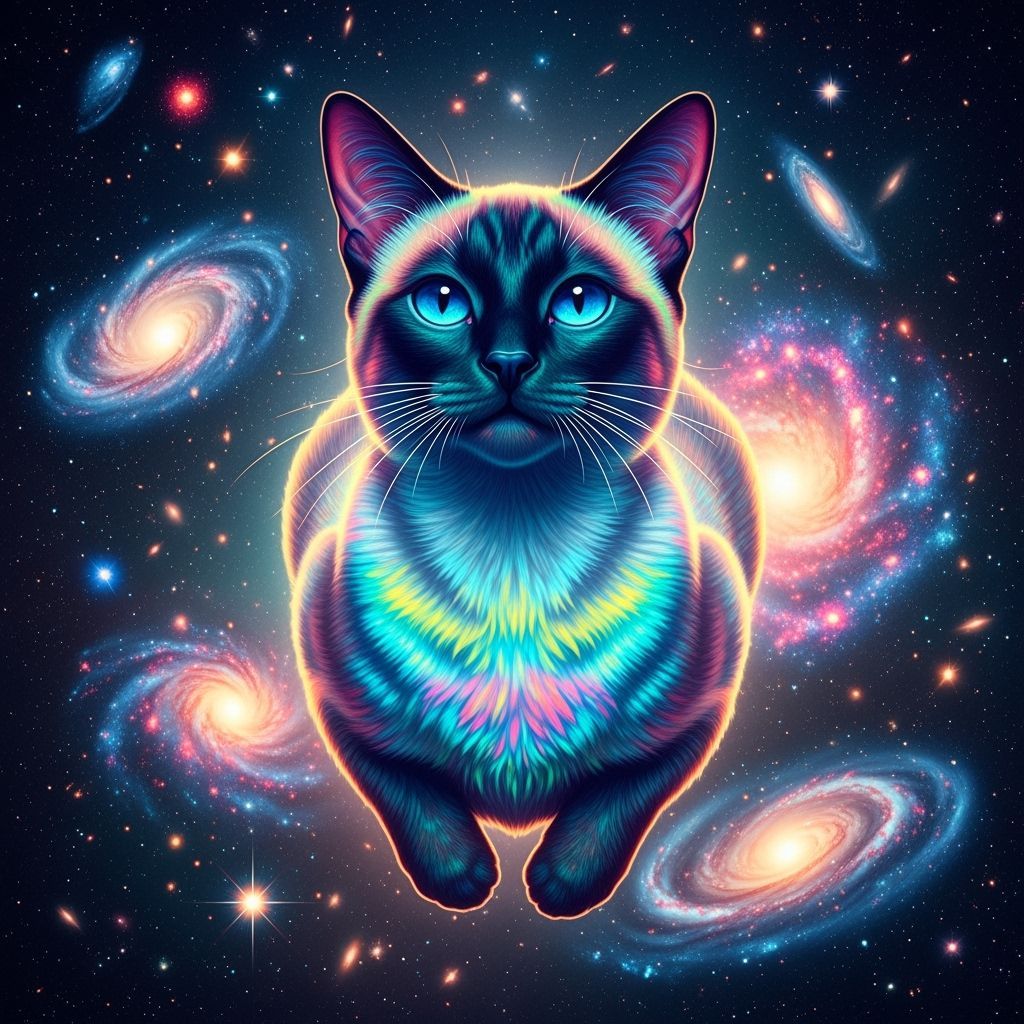 Psychedelic Siamese Cat Floating in Cosmic Void