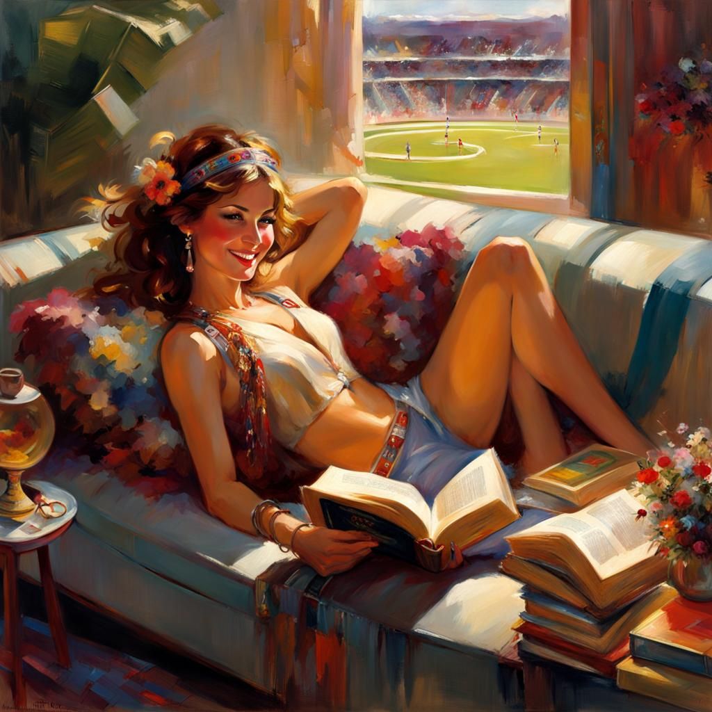 Athlete's Oasis: A Relaxed Boho Lady Surrounded by Sports