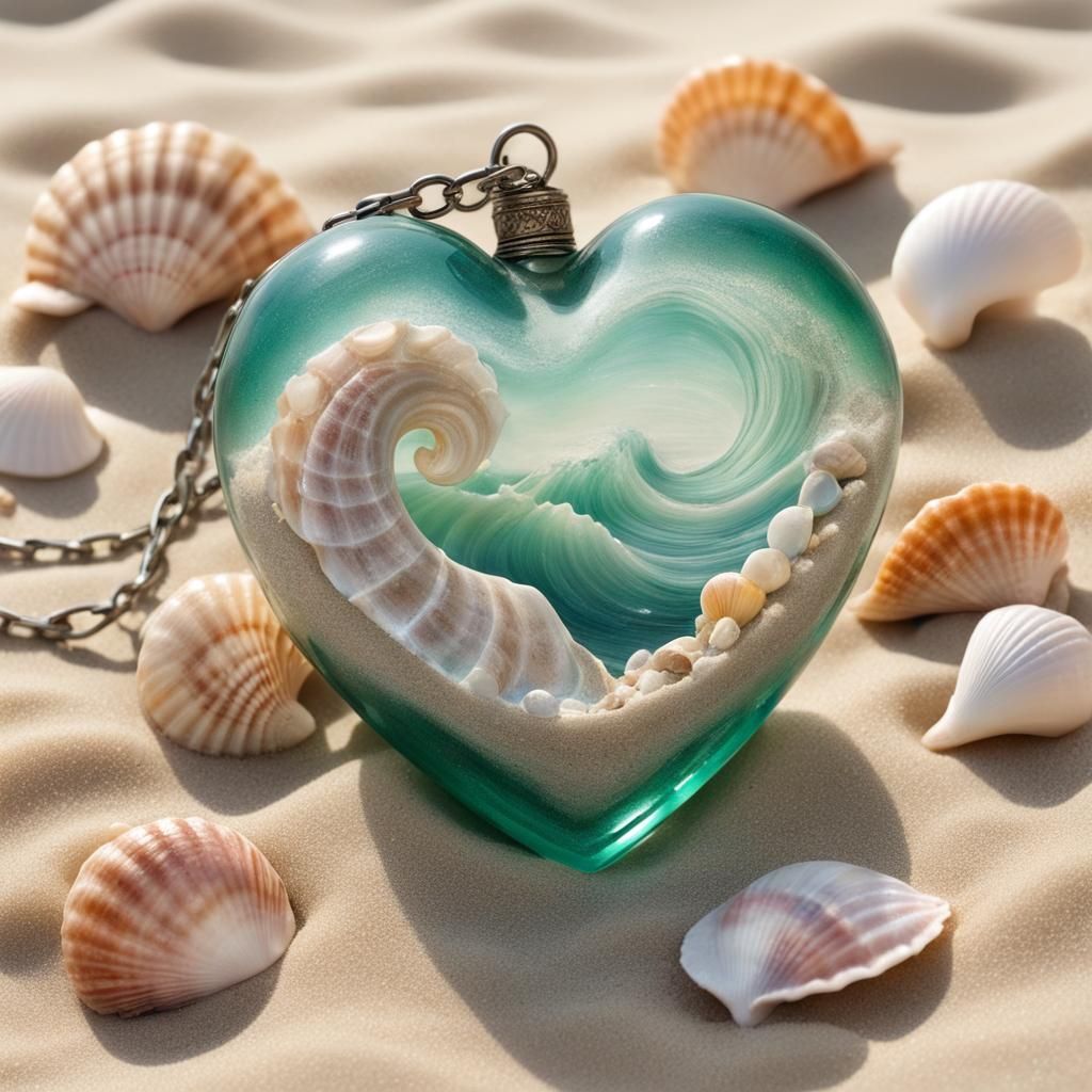Emerald Glass Heart on Beach in Pastel Graffiti Art