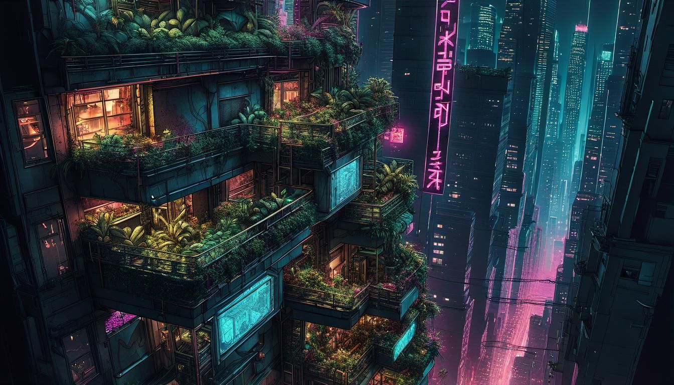 Cyberpunk Hanging Gardens at Night in Pop Art Style