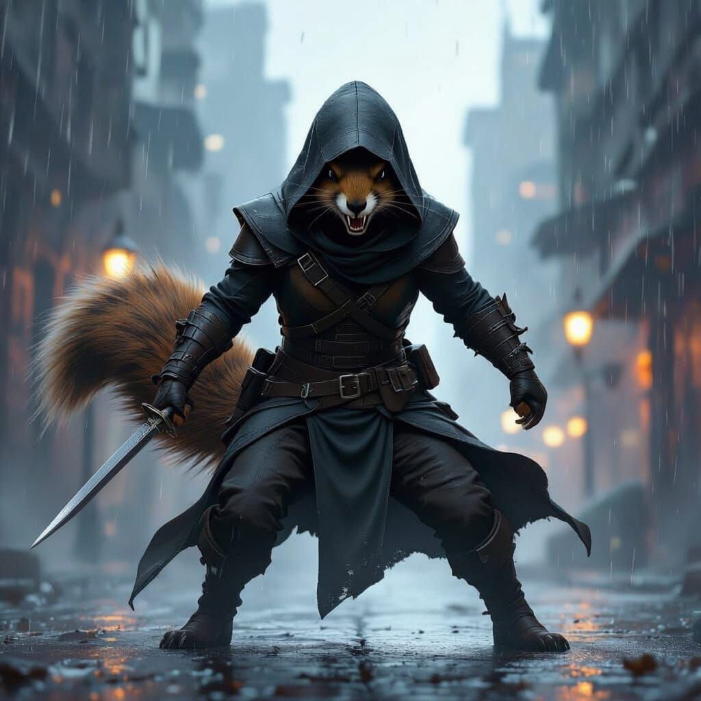 Squirrel Rogue with Daggers in Dark City Cinematic