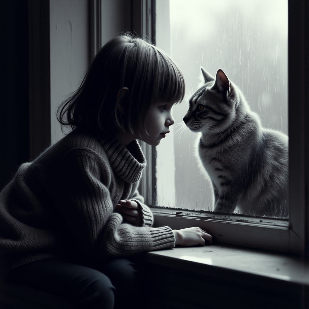 Melancholic Girl Gazing at Cat: Film Noir Photo