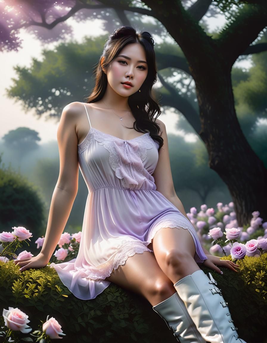 South Korean Woman in Garden as Chiaroscuro Oil Painting