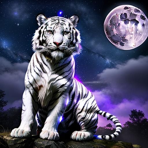 Fantasy White Tiger Under Starry Night