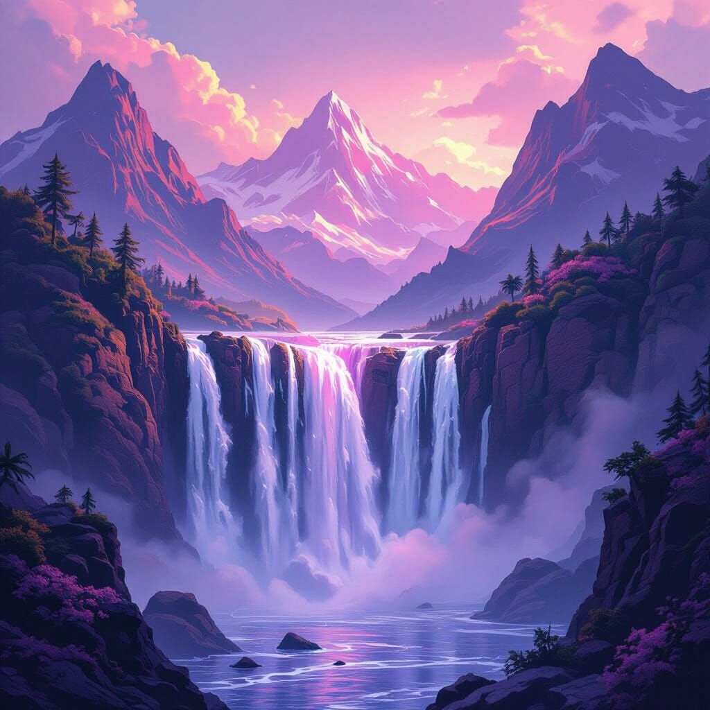 Vibrant Pink and Purple Waterfall Fantasy Landscape