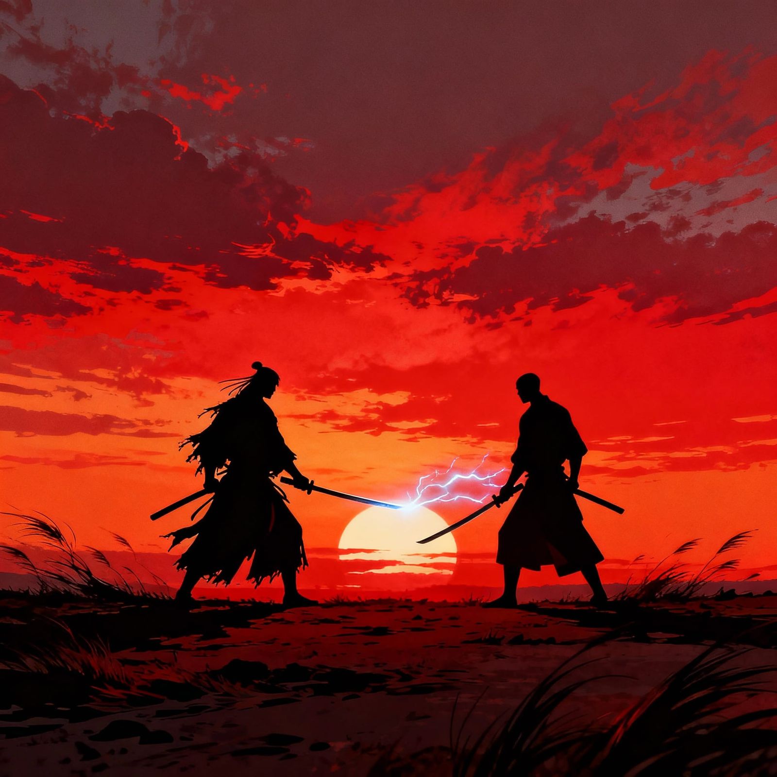 Silhouetted Duel at Fiery Dusk