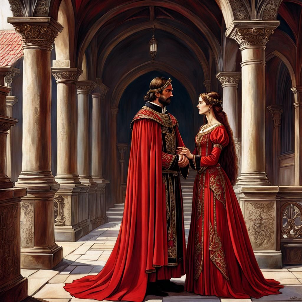 Medieval Royal Court Scene in Falu Red and Gold