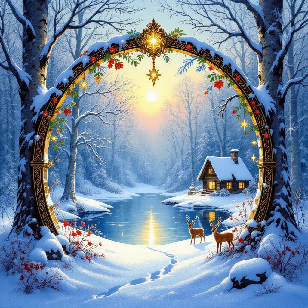 Enchanted Winter Forest Glade with Golden Portal
