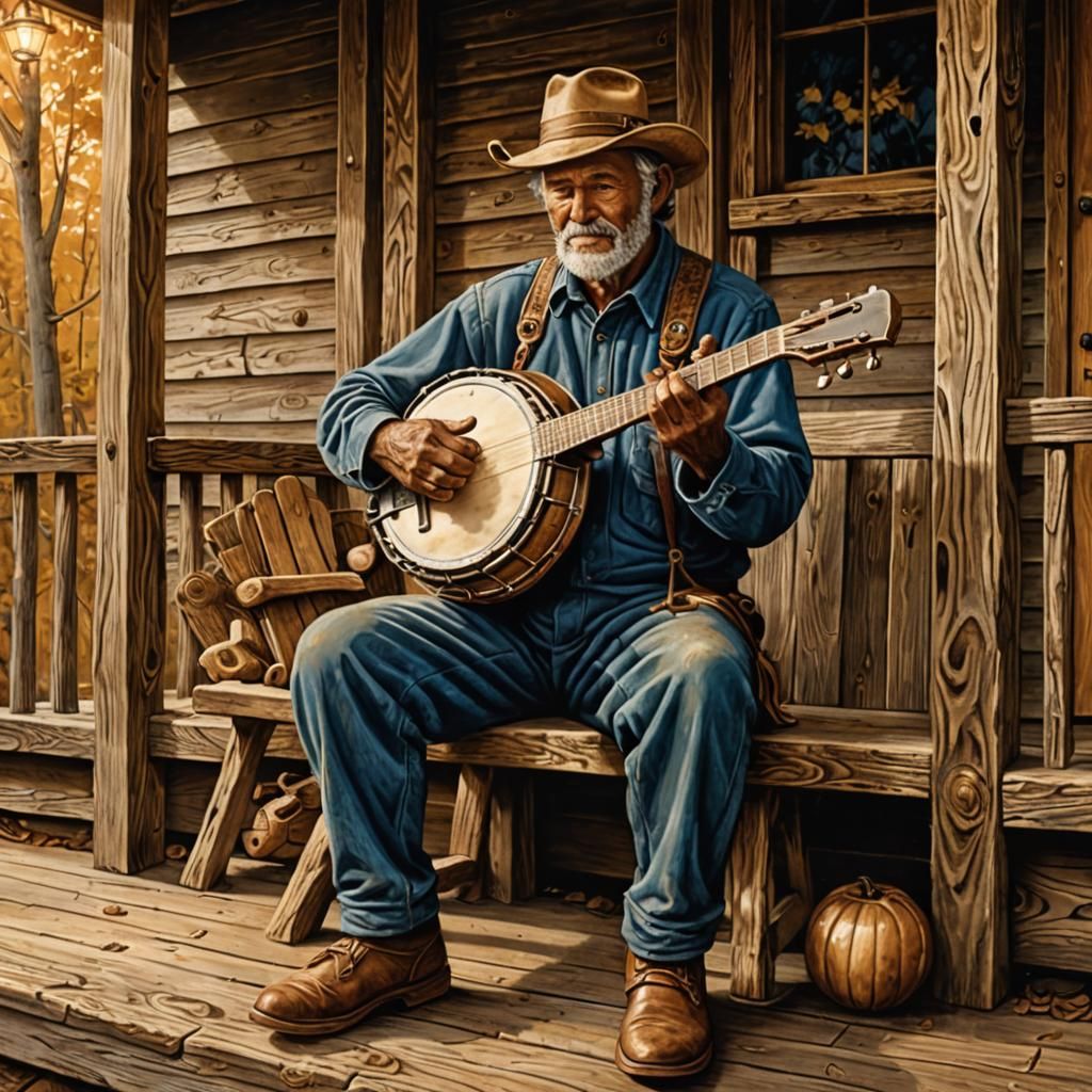 Folk Art Woodcarving: Man Playing Banjo on Porch
