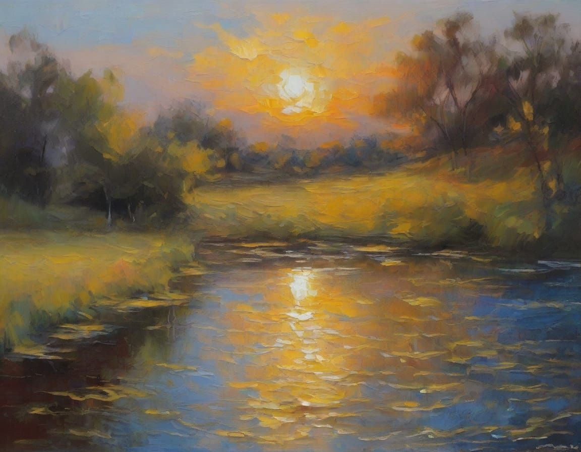 Impressionist Pond at Twilight in Oil Paint Style