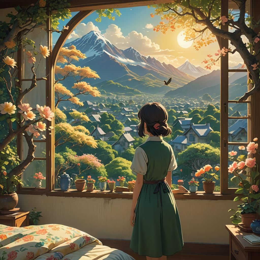 Girl at Window: Miyazaki-Inspired Garden View