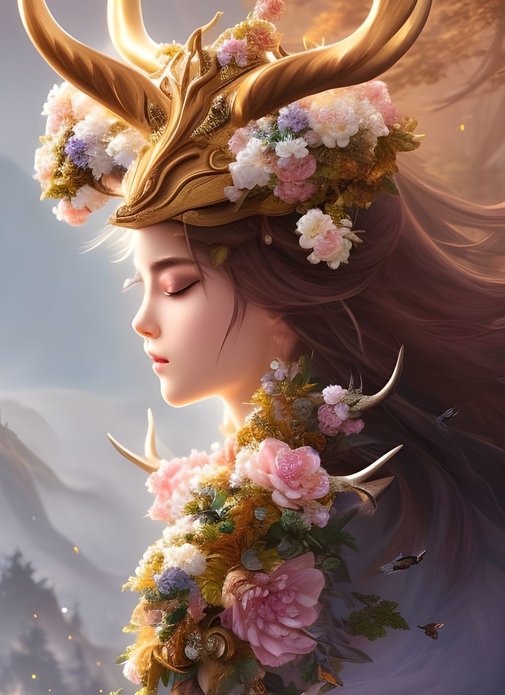 Celestial Deer with Flowered Horns: Fantasy Editorial Art