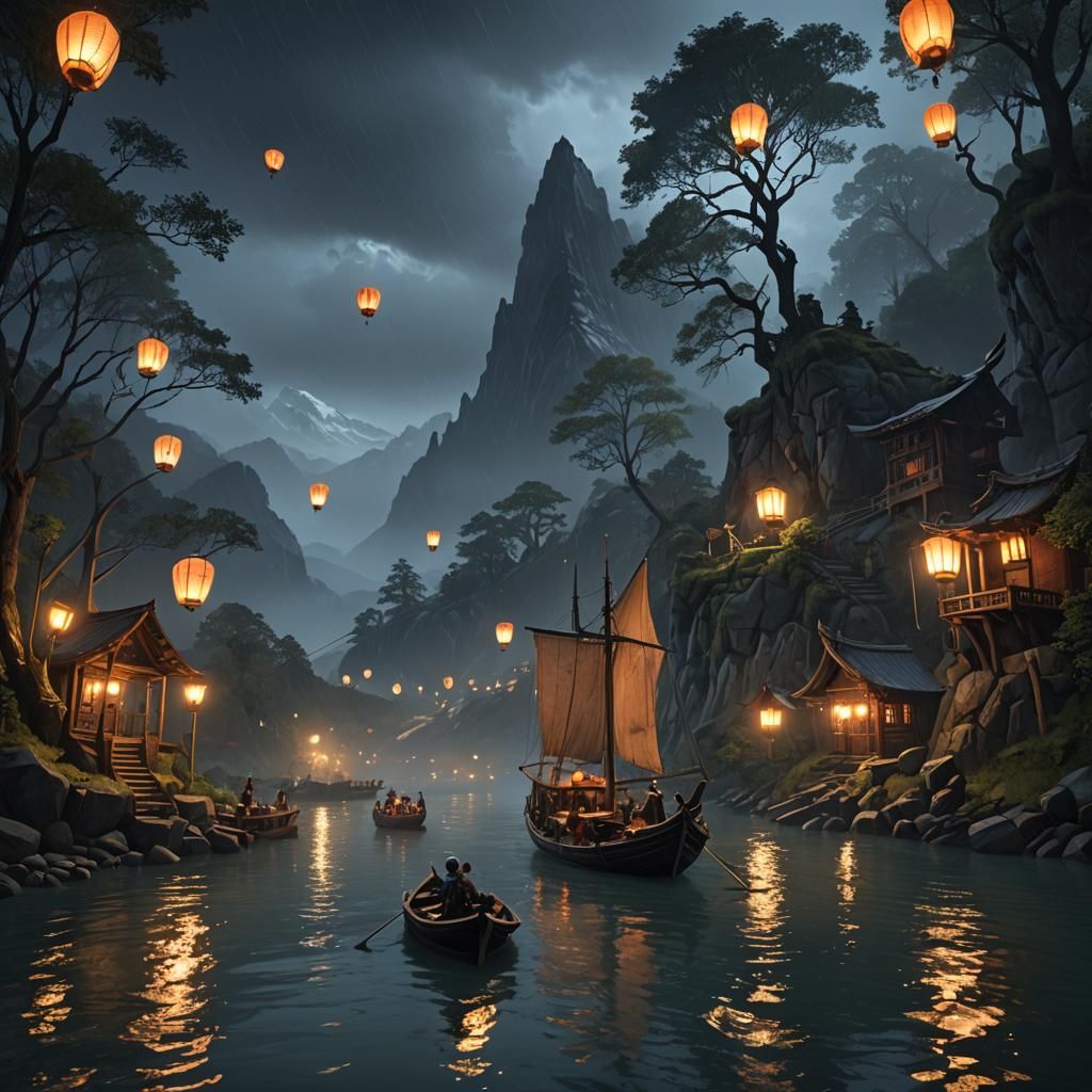 Rainy Night River Journey with Lanterns