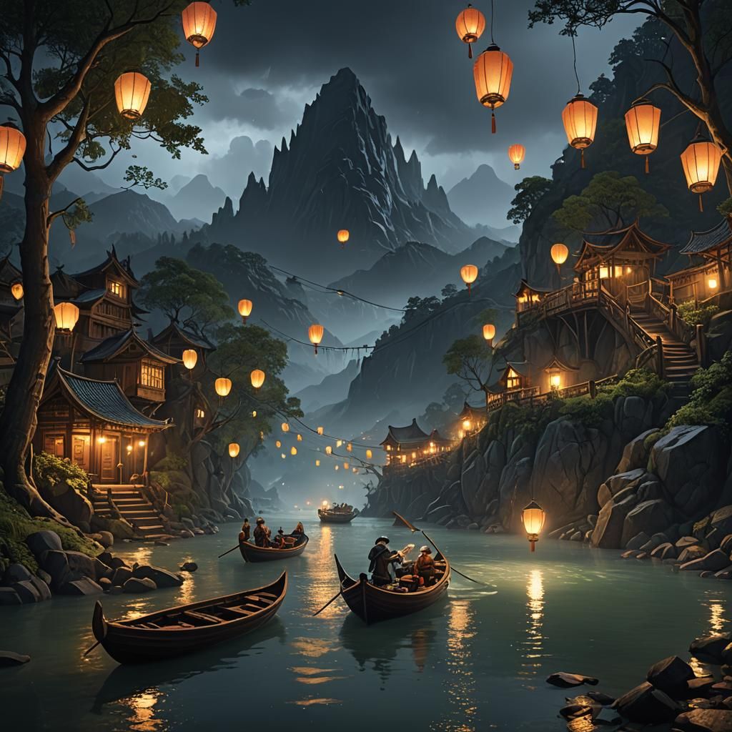 River Journey at Rainy Night with Lanterns