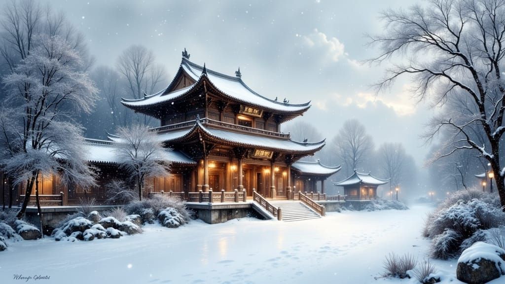 Majestic Chinese Temple in Heavy Snowfall