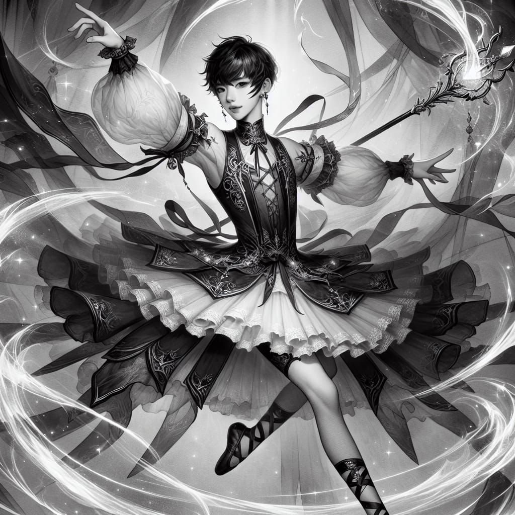 The image is of a handsome fantasy ballerina sorcerer. The b...