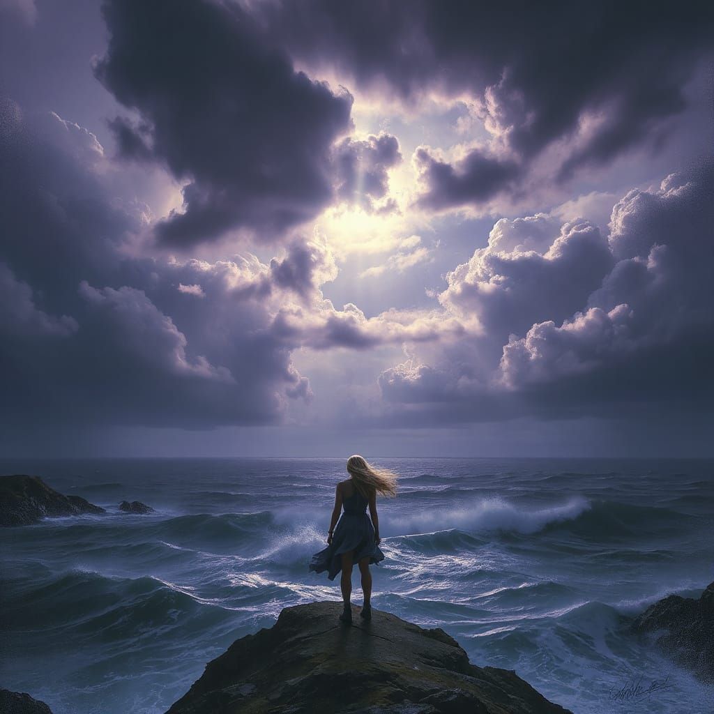Woman on Windswept Cliff in Stormy Seas