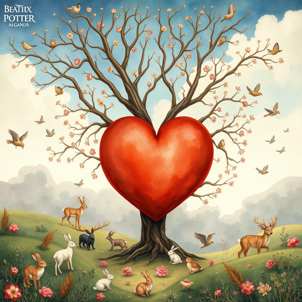 Whimsical Woodland Scene with Red Heart Tree