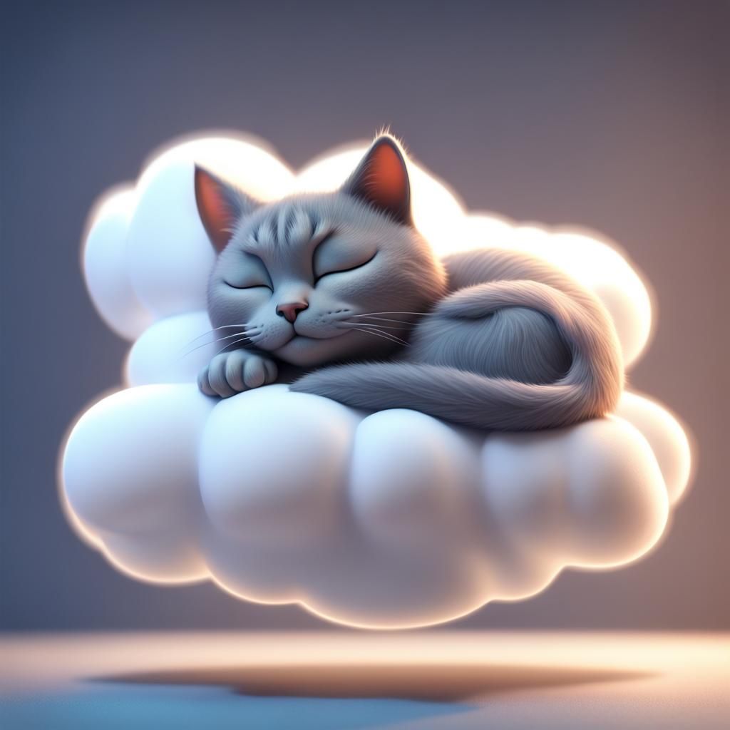 Grey Cat Sleeping on a Cloud as 3D Art