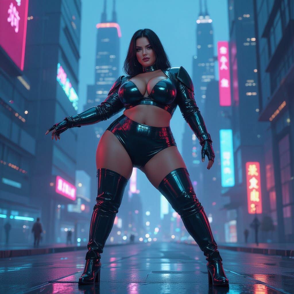 Cyberpunk Plus-Size Model in Futuristic Cityscape