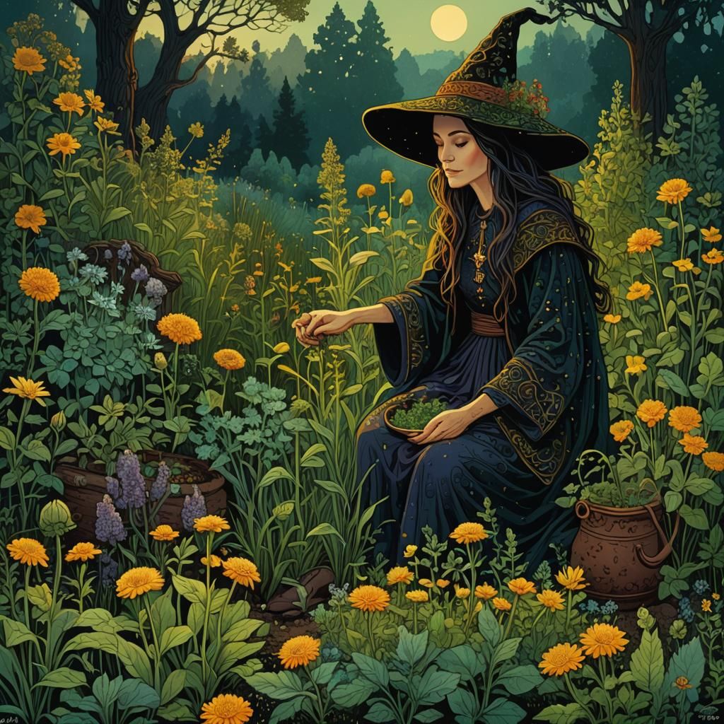 Herb Witch in Evening Garden: Pointillist Digital Art