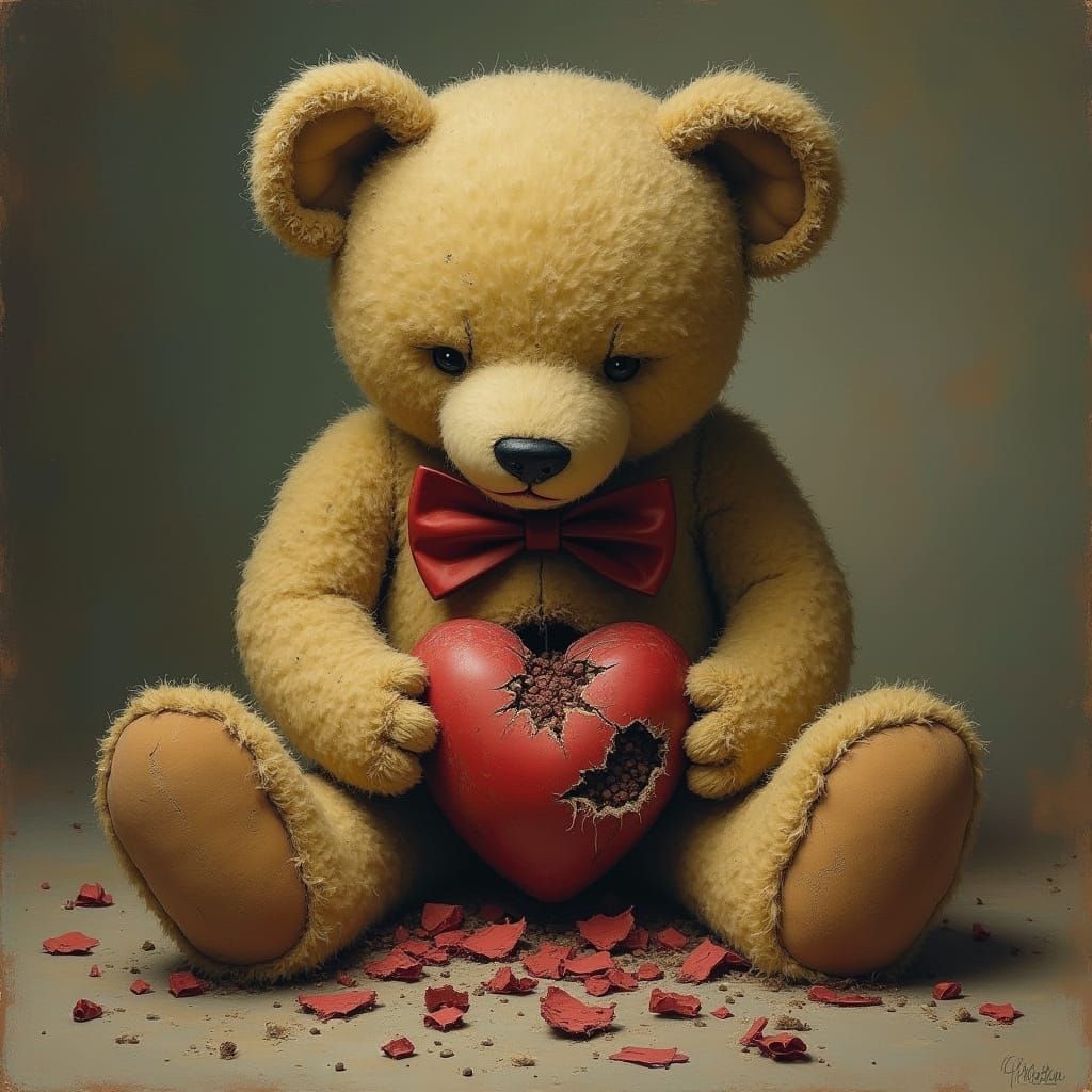 A teddy bear with a shattered broken heart ripped out of its body