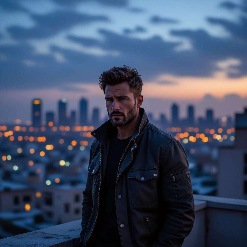 Man on Beirut Rooftop at Dusk, Cinematic Lighting