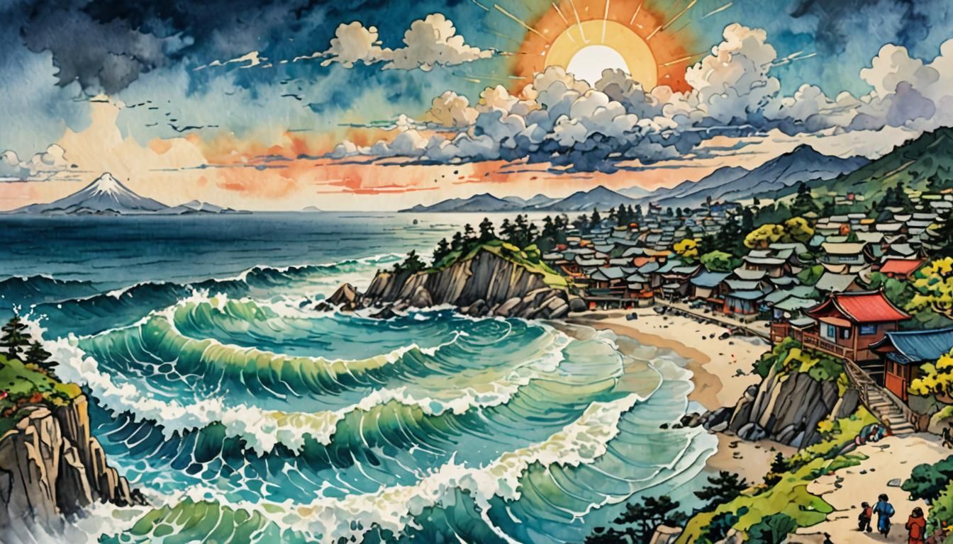 Dramatic Tsunami Wave Approaching Coastal Village, Ukiyo-e S...