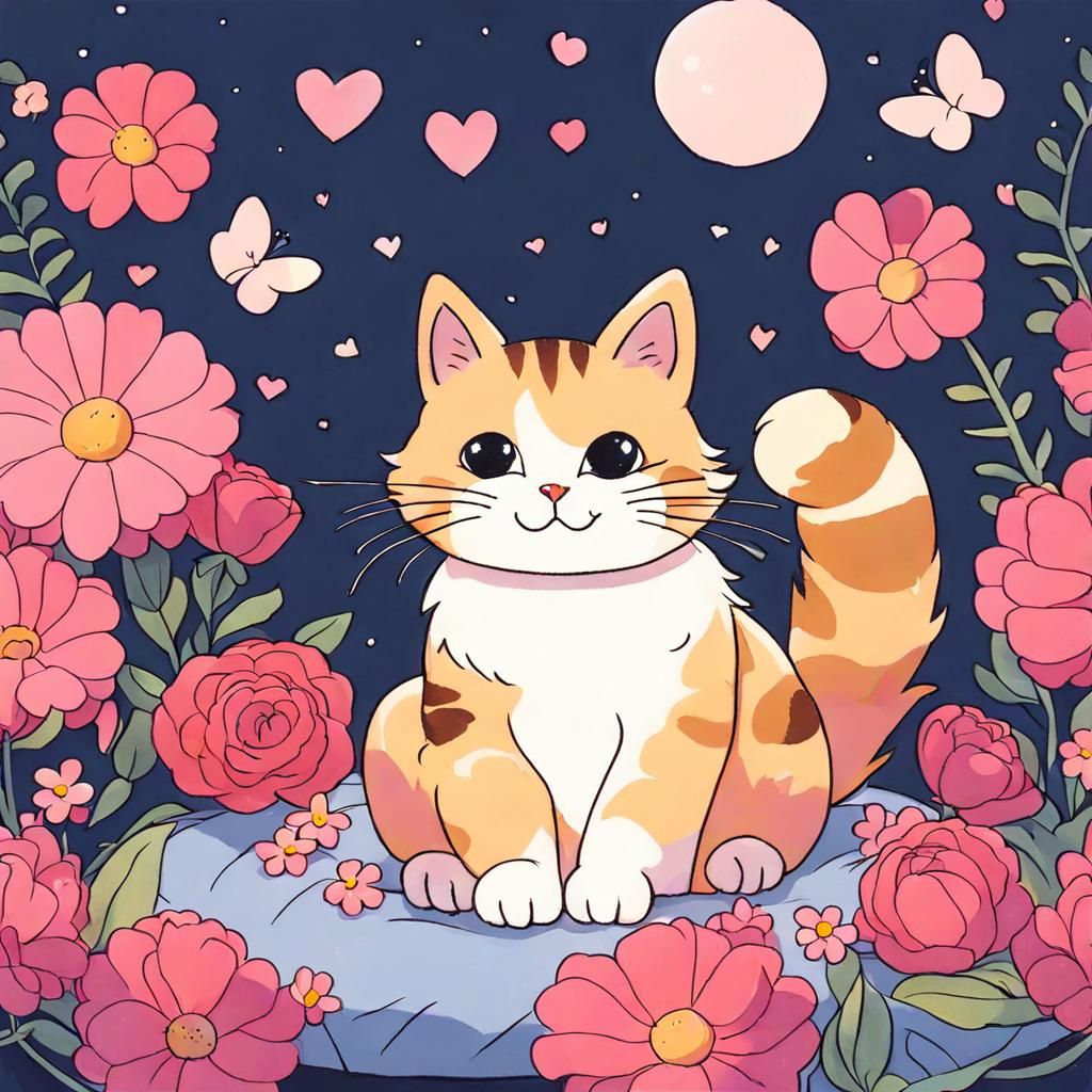 Cute Cat Surrounded by Flowers and Heart Lights