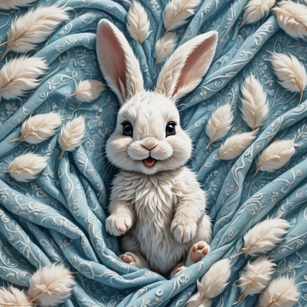 Bouncing Baby Bunny on Blue Blanket: Whimsical Art