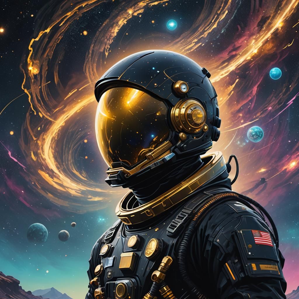 Astronaut in Spacesuit Before Swirling Galaxy, Digital Art