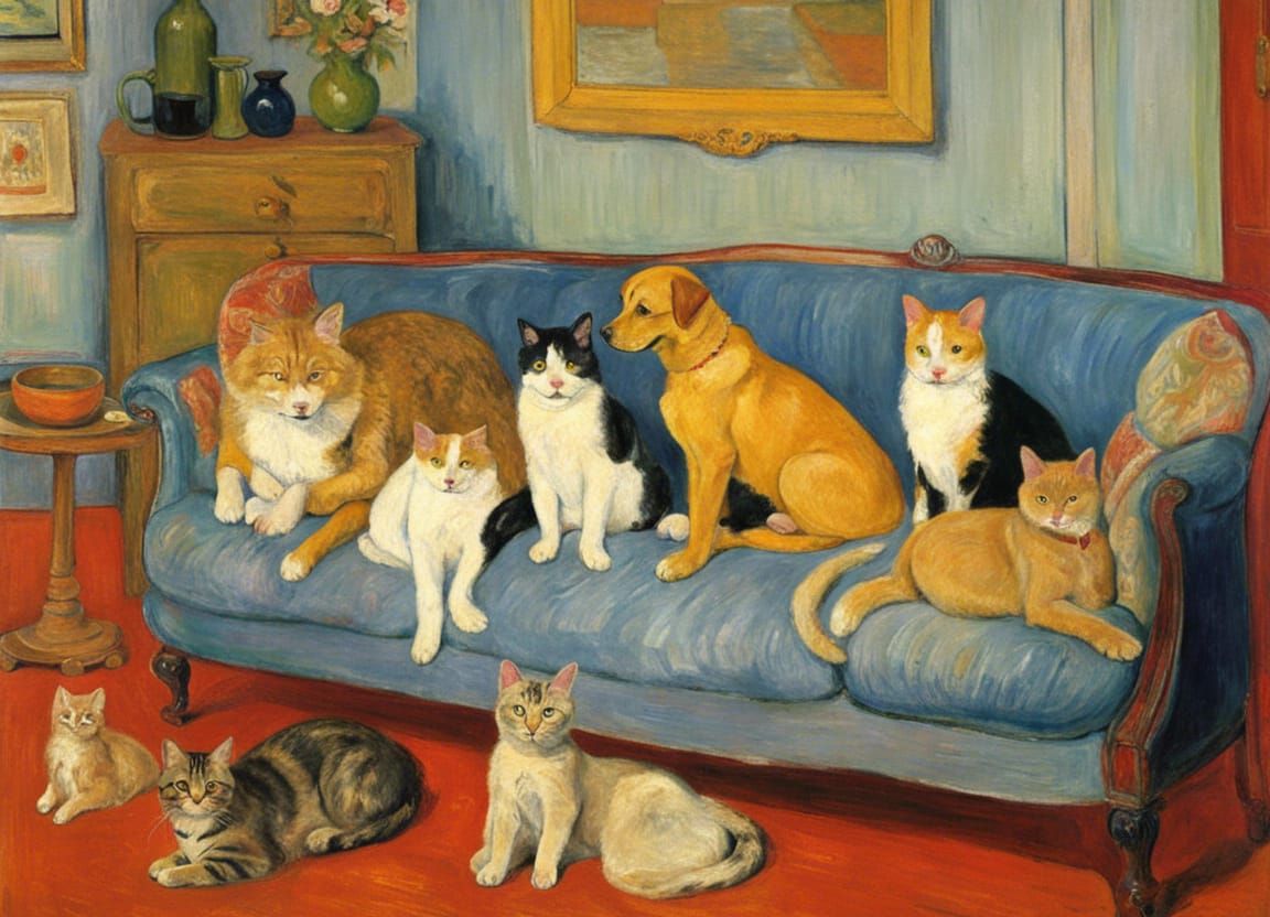 Cats and Dogs on Blue Couch, Impressionist Painting