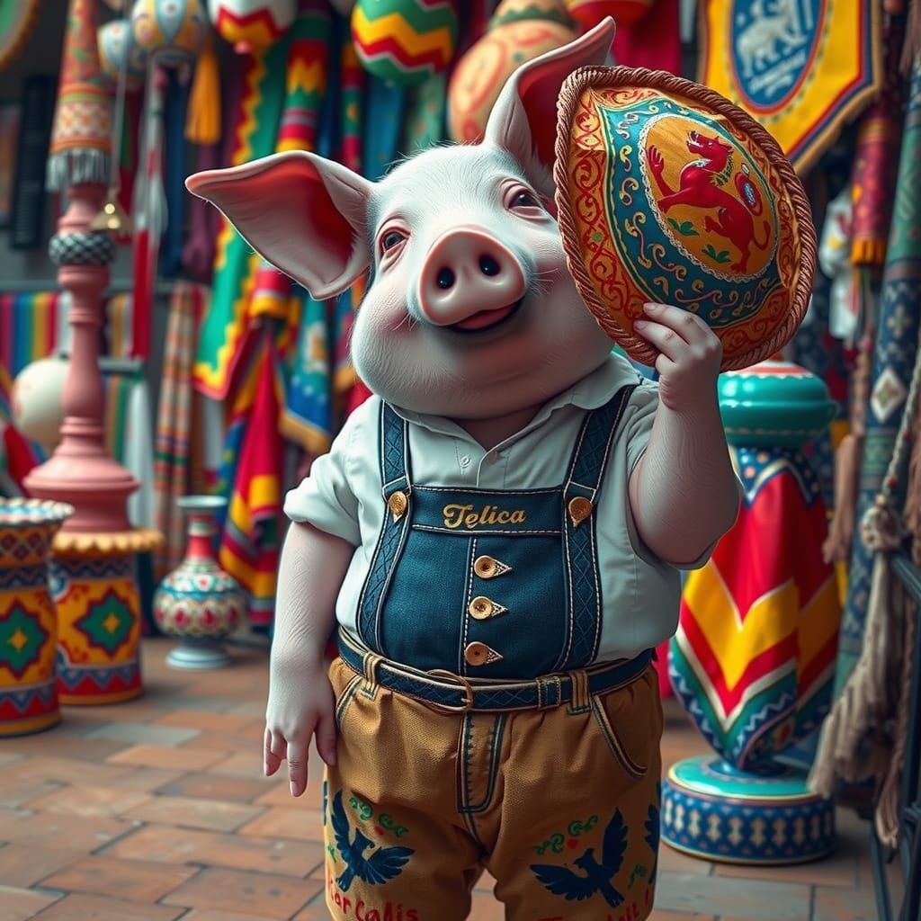 Pig in Lederhosen with Sombrero, Folk Art Style