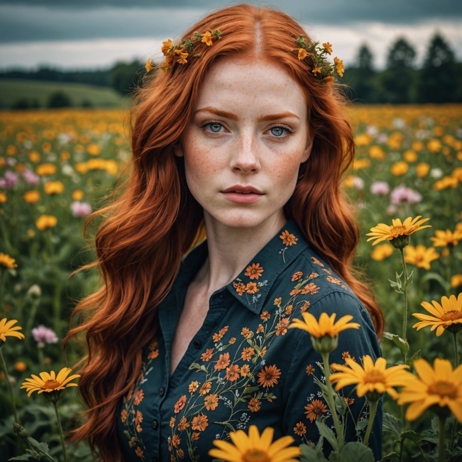 Hyperrealistic Redhead in Field of Flowers