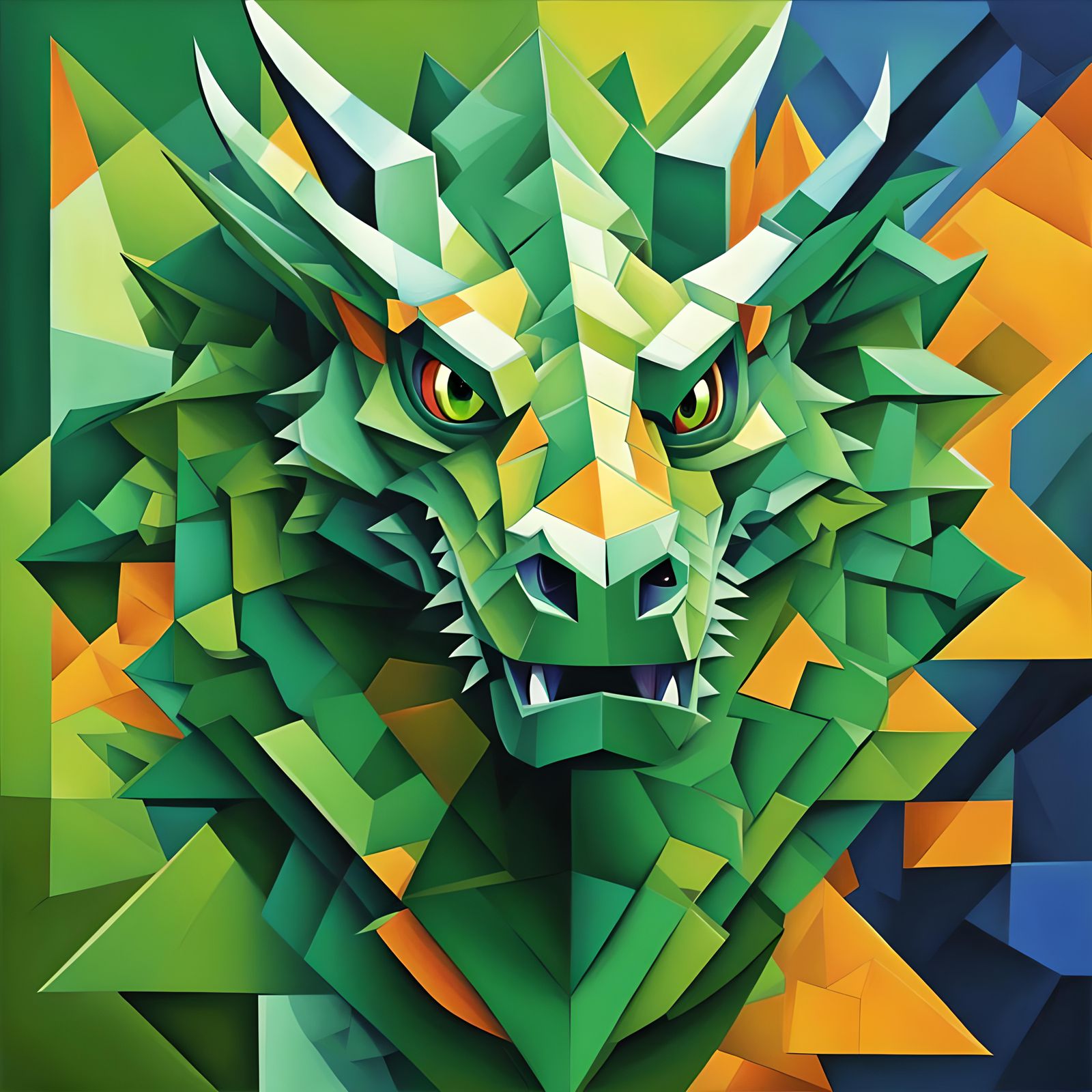 Geometric Green-Eyed Dragon in Cubist Art Deco Style