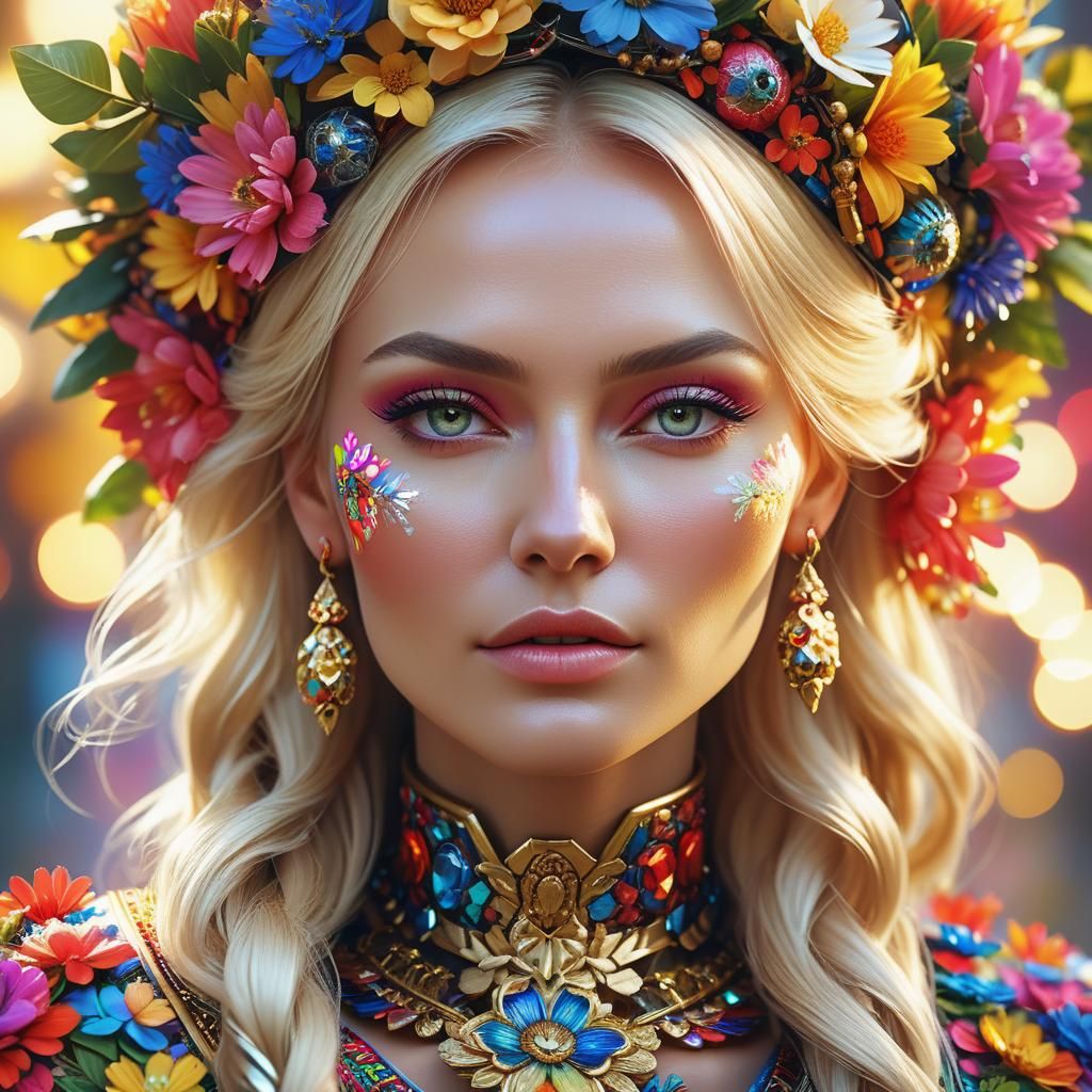 Stunning Slavic Woman in Futuristic Floral Headdress