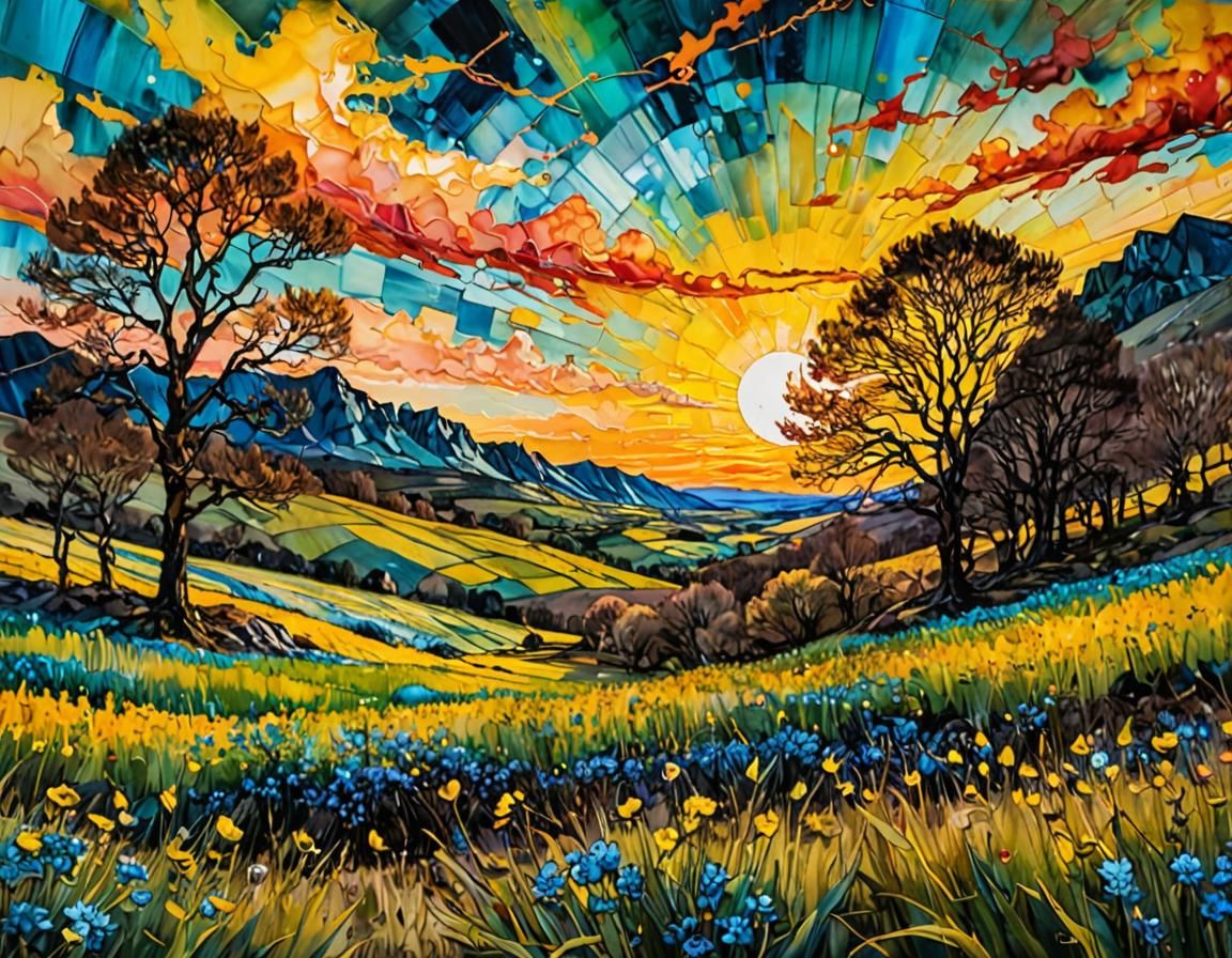Chaotic Spring Sunset Landscape in Impasto Style