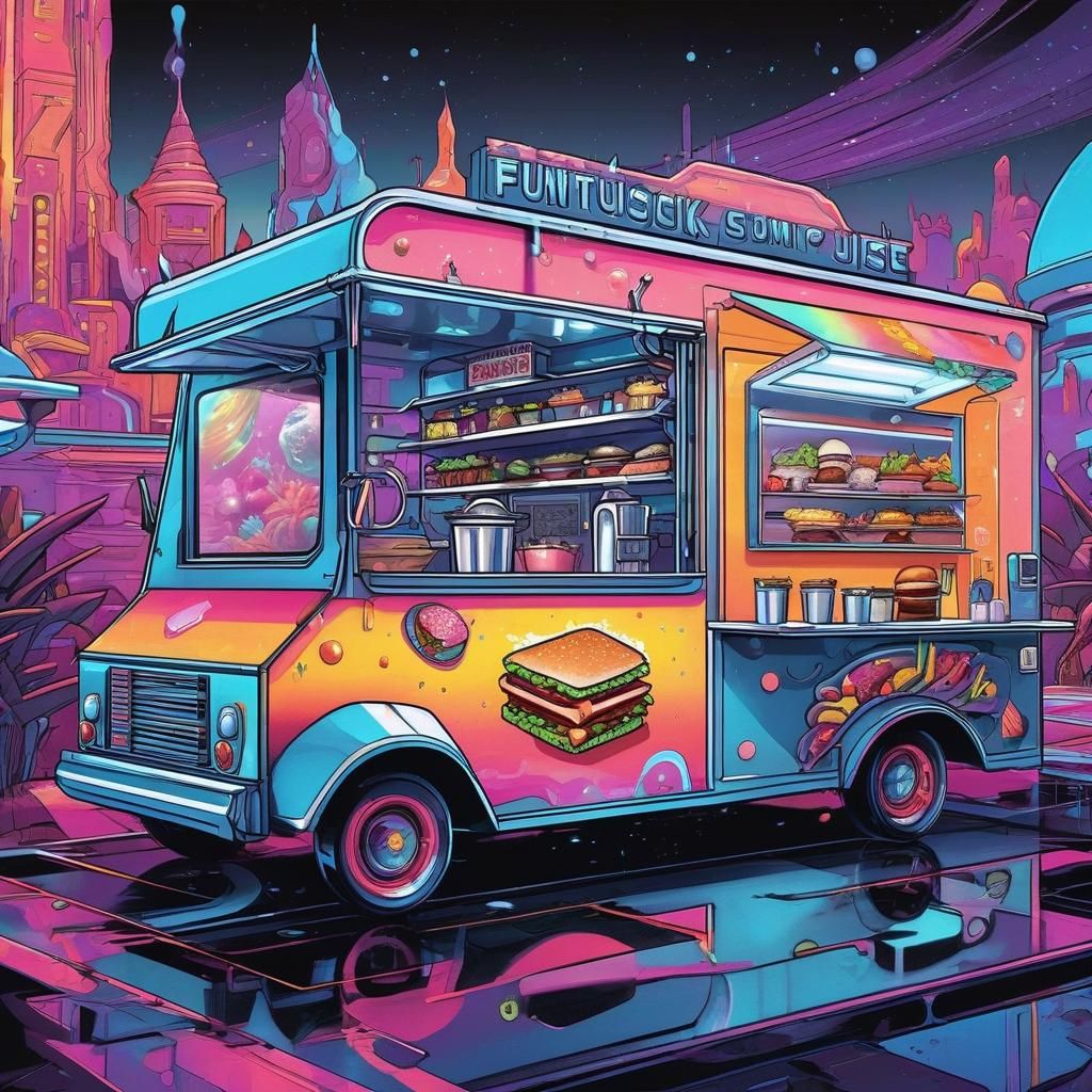Futuristic Food Truck Illustration in Dark Goth Style
