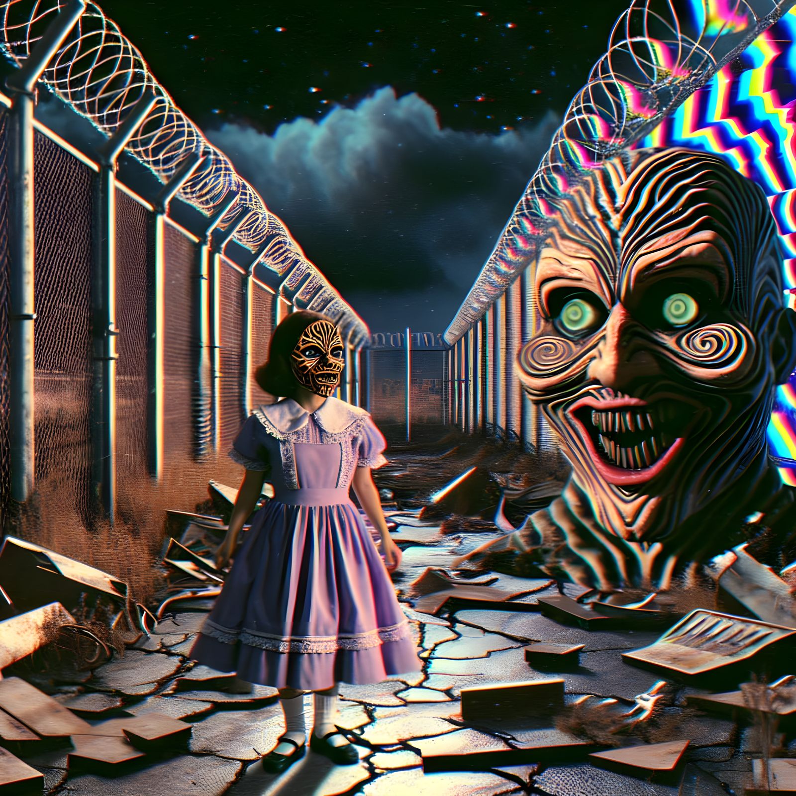 Grotesque Mask in Desolate Industrial Landscape