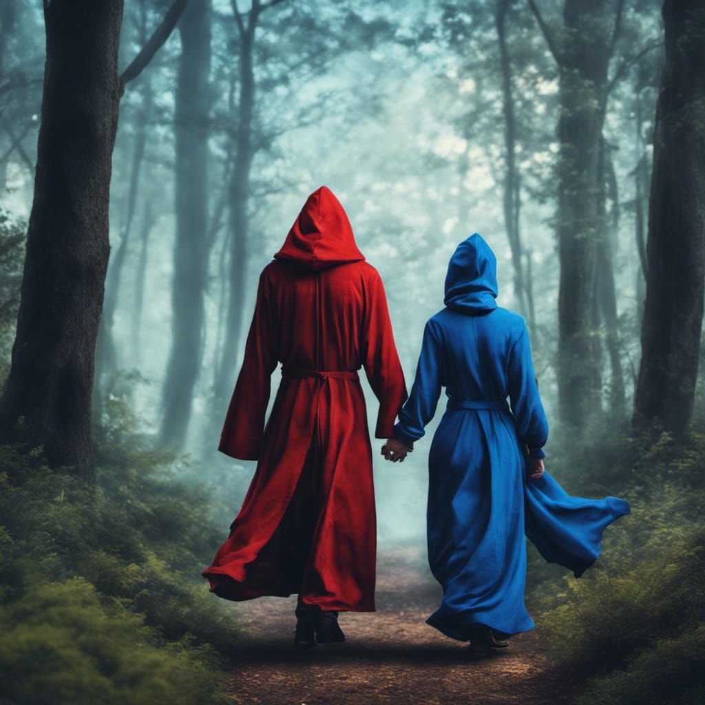 Wizards Walking Through Forest Holding Hands