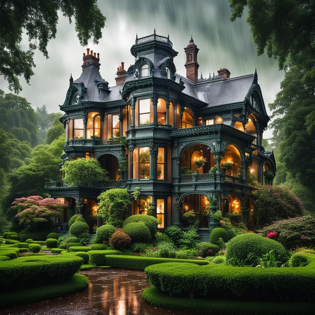 Victorian Mansion in Lush Gardens During Rain