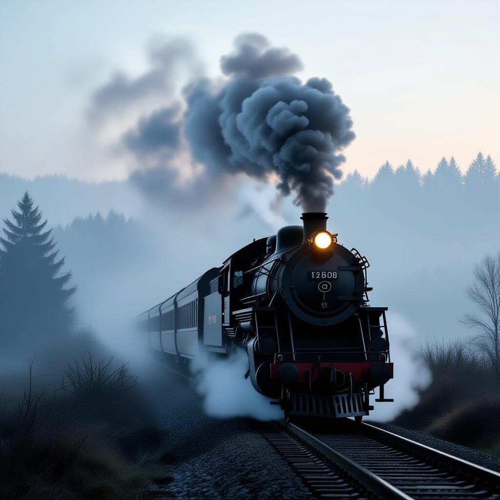 Misty Train Journey: A Spectral Locomotive in Fog