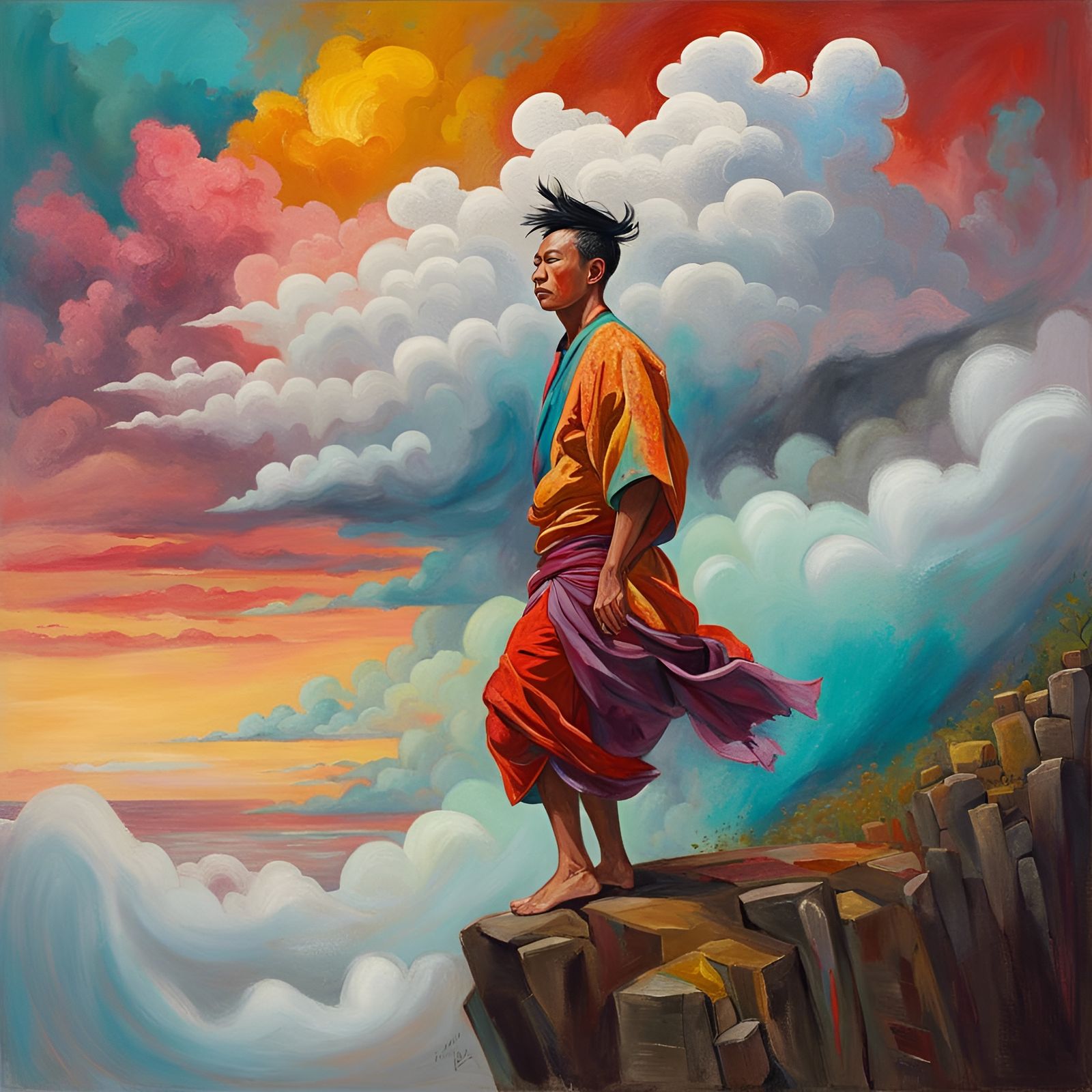 Asian Man's Figurative Expressionist Cliffside Journey