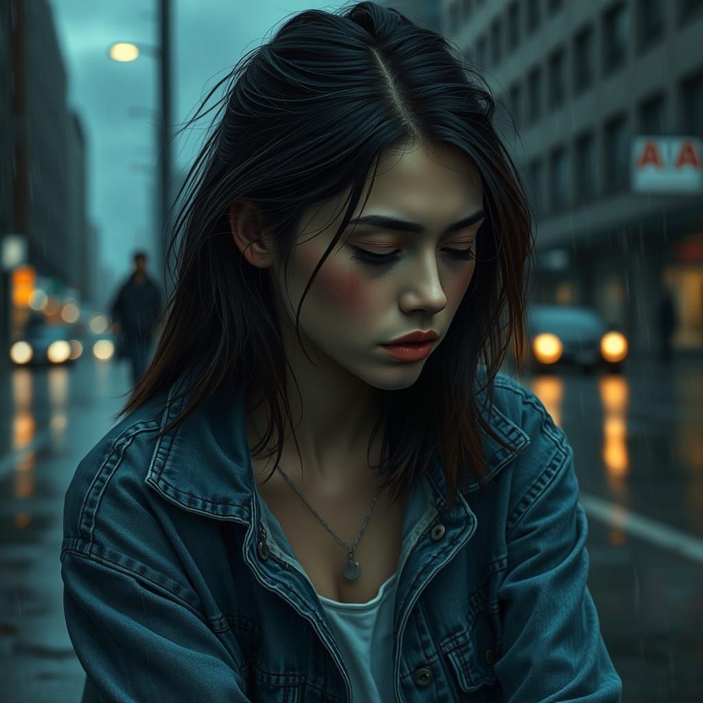 Young Woman's Emotional Turmoil in a Rainy City at Dusk