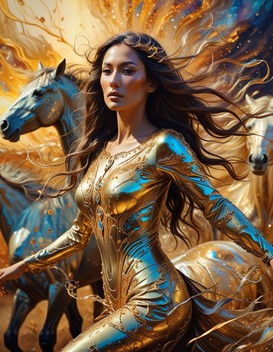 Surreal Native American Woman with Horses Portrait