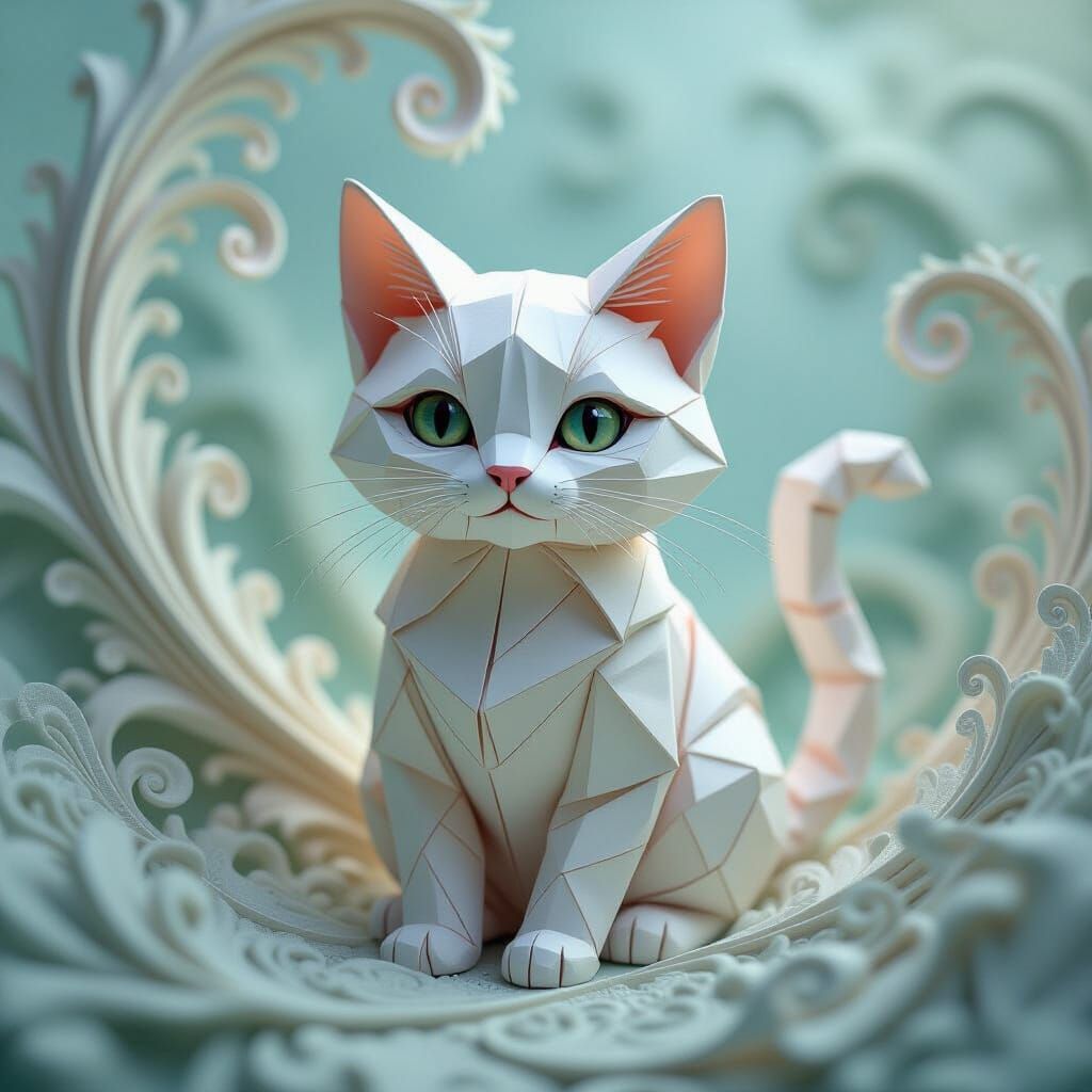 Origami Cat with Fractal Patterns in Digital Art