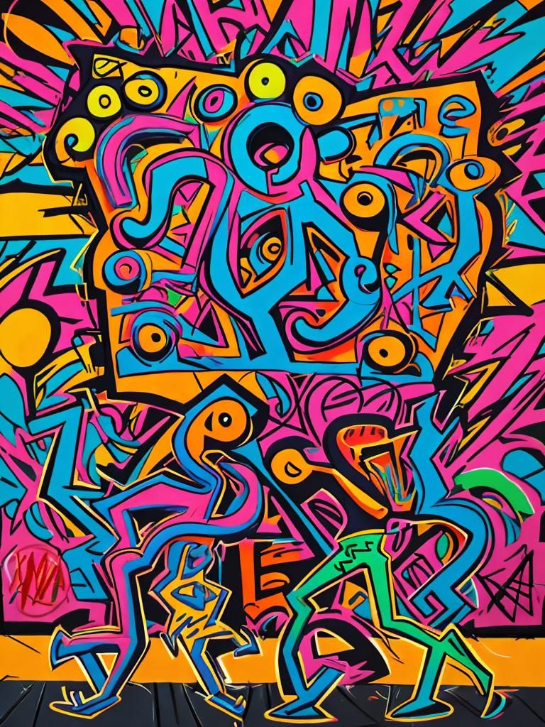 Colorful Portrait in Keith Haring Style Street Art