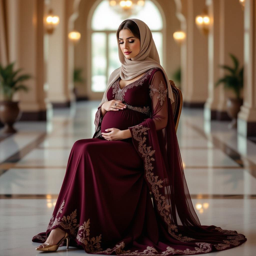 Pregnant Muslim Woman in Red Dress in Realistic Style
