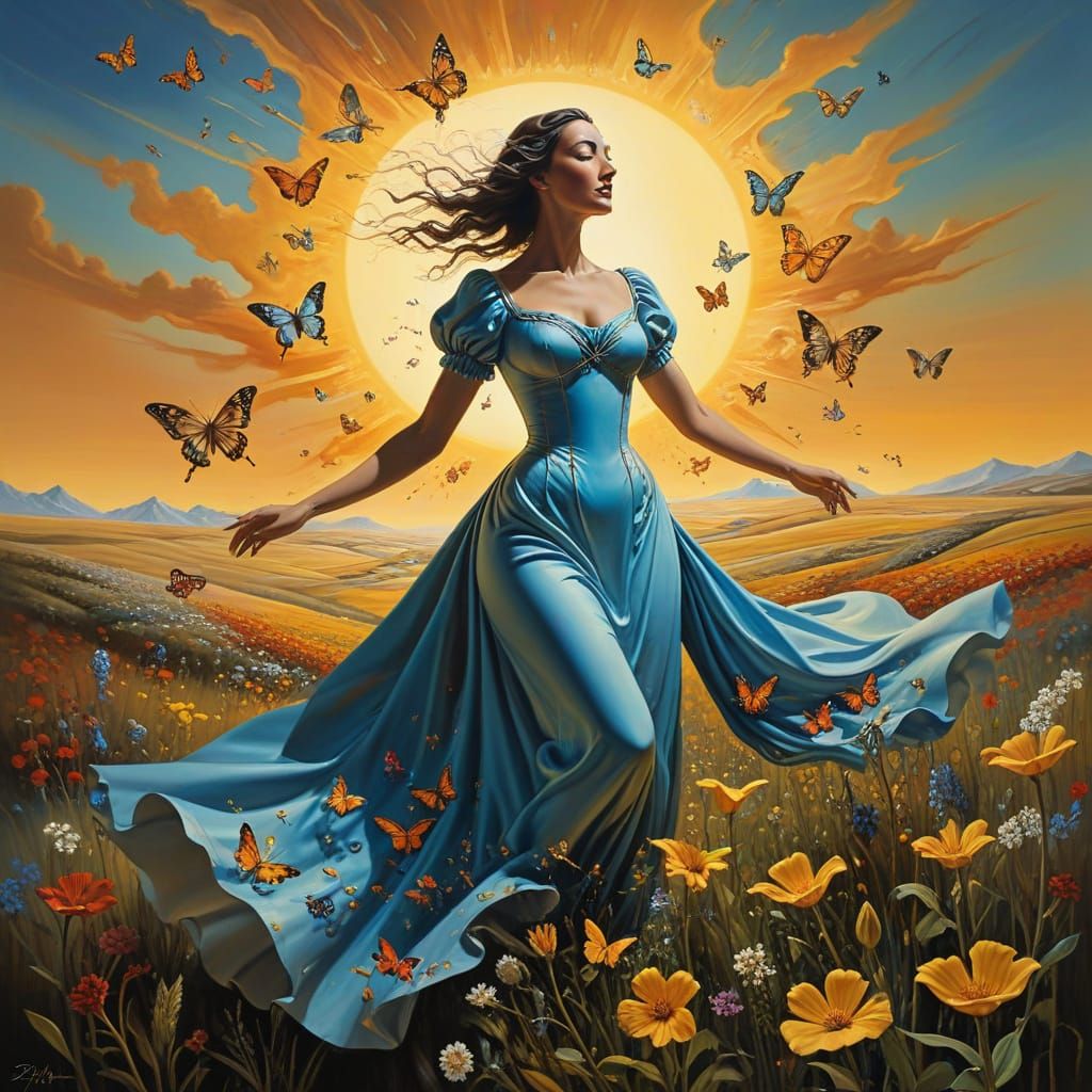 Ethereal Woman Dancing in Wildflower Field