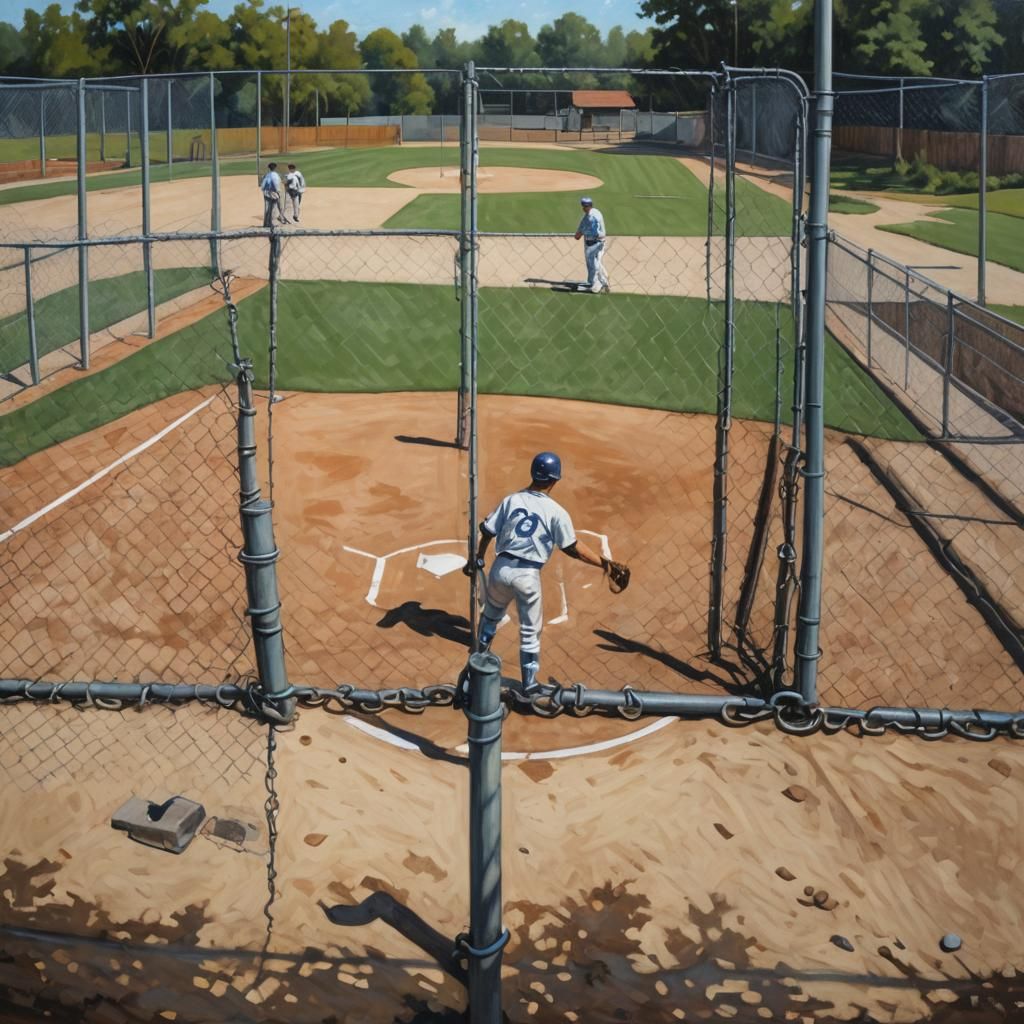 Baseball Diamond View Through Fence, Oil Painting